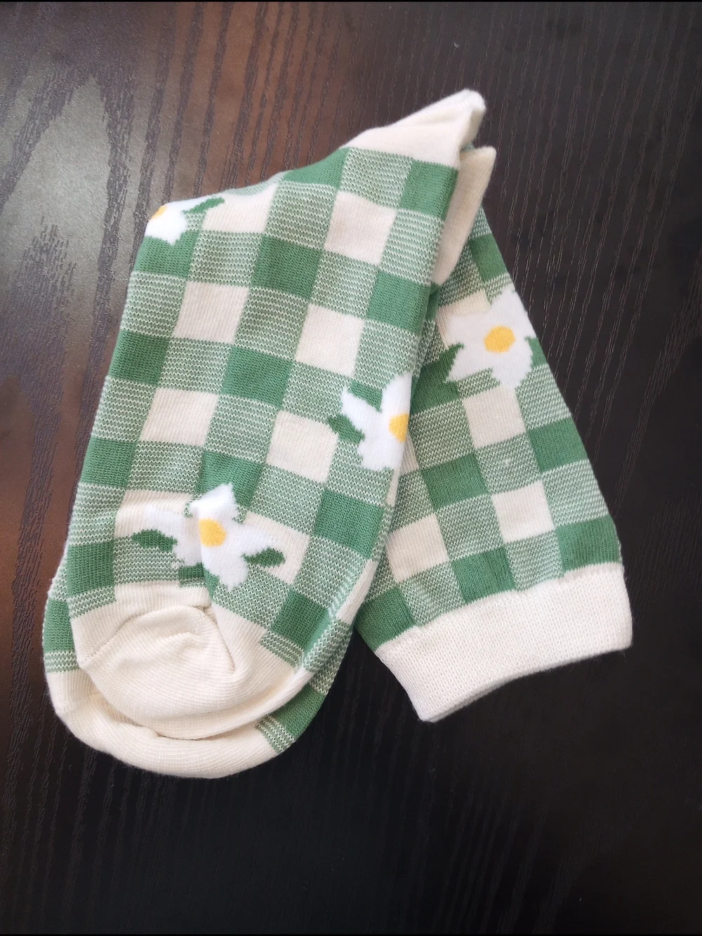 Green & Cream Gingham Daisy Floral Crew Mid-calf Socks